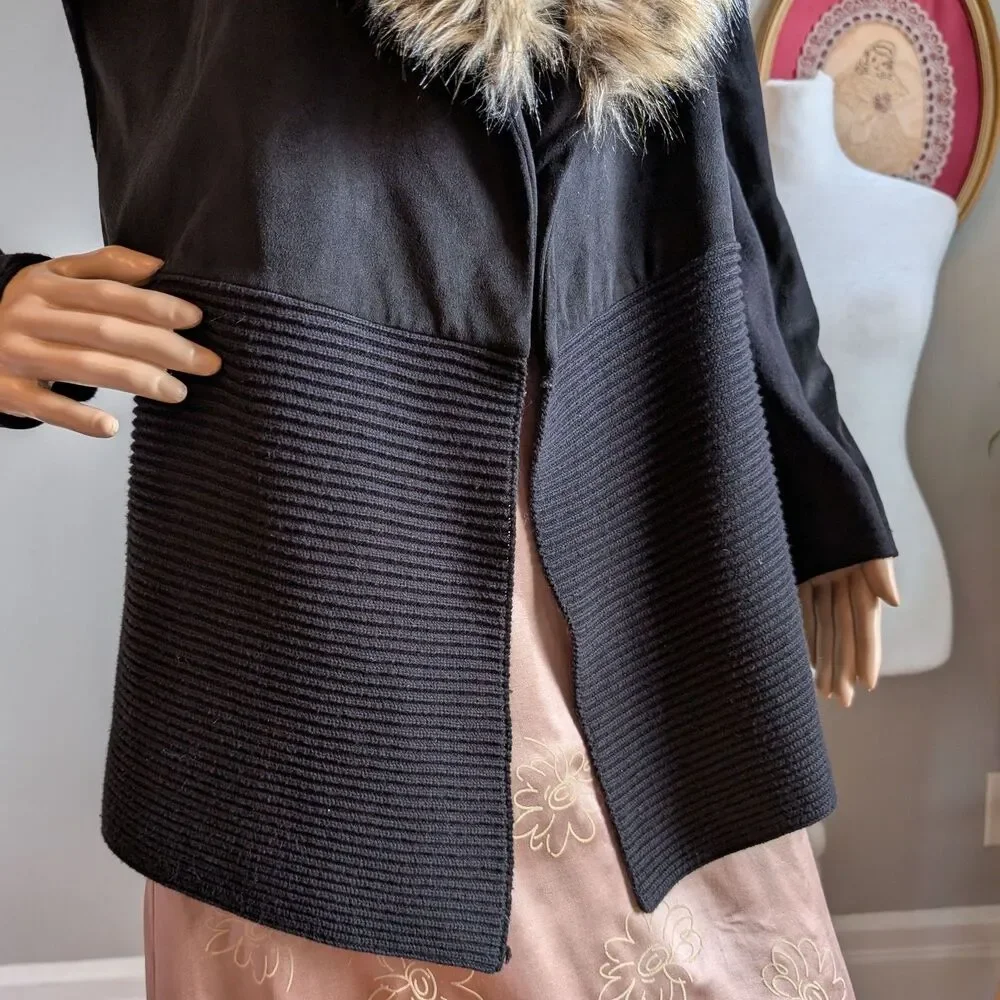 INC Knit Cardigan Sweater Faux Suede Fur Open Knit Size Large - Picture 8 of 10